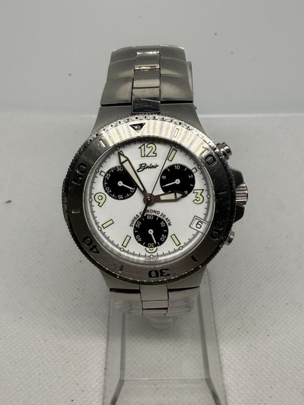 Belair A9915 Men Chronograph Diver Watch Swiss Quartz Stainless Steel White Dial
